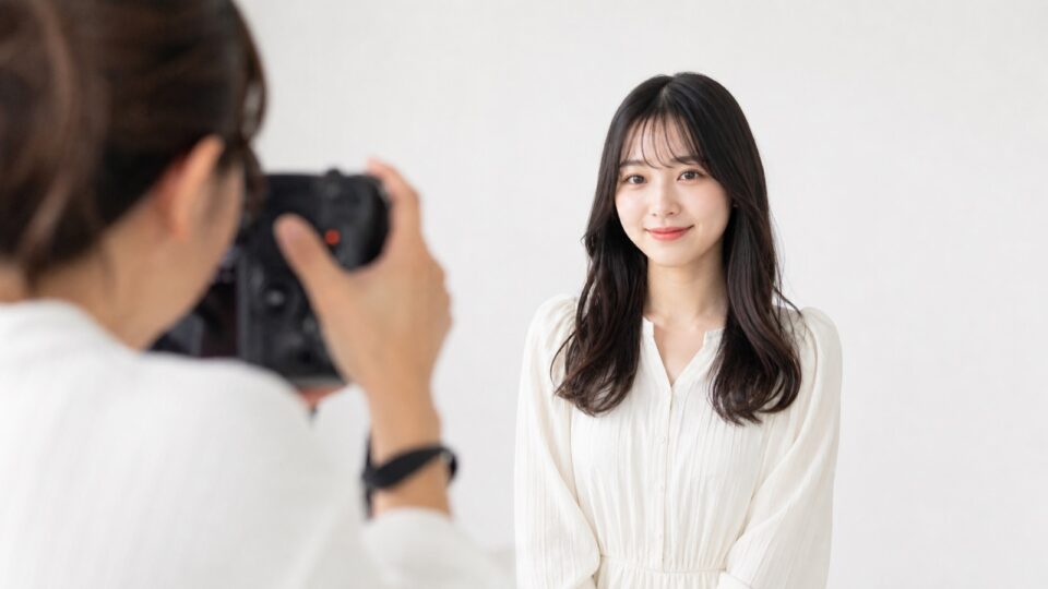 白い背景でオーディション応募写真を撮影する女性のイメージ