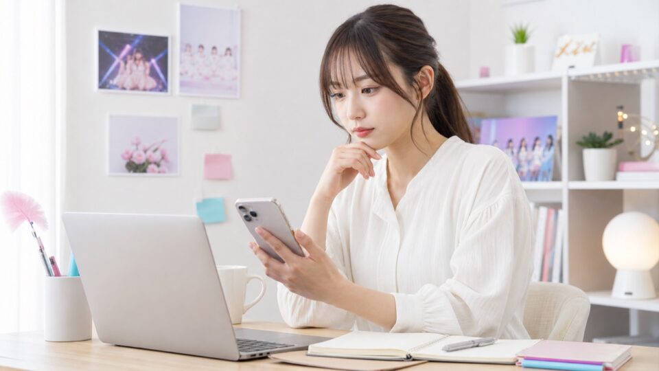 スマートフォンとパソコンでオーディション情報を探す女性のイメージ