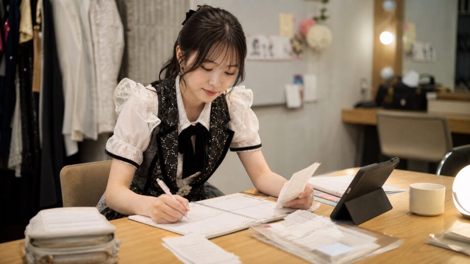 公演後に収入と経費を整理する女性のイメージ