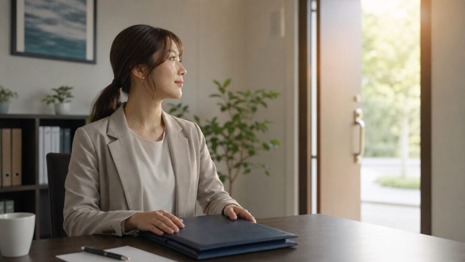 契約書を閉じて次の進路へ向かう女性のイメージ