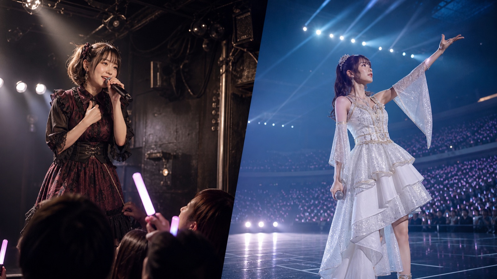 ライブハウスと大規模会場で活動する女性アイドルのイメージ