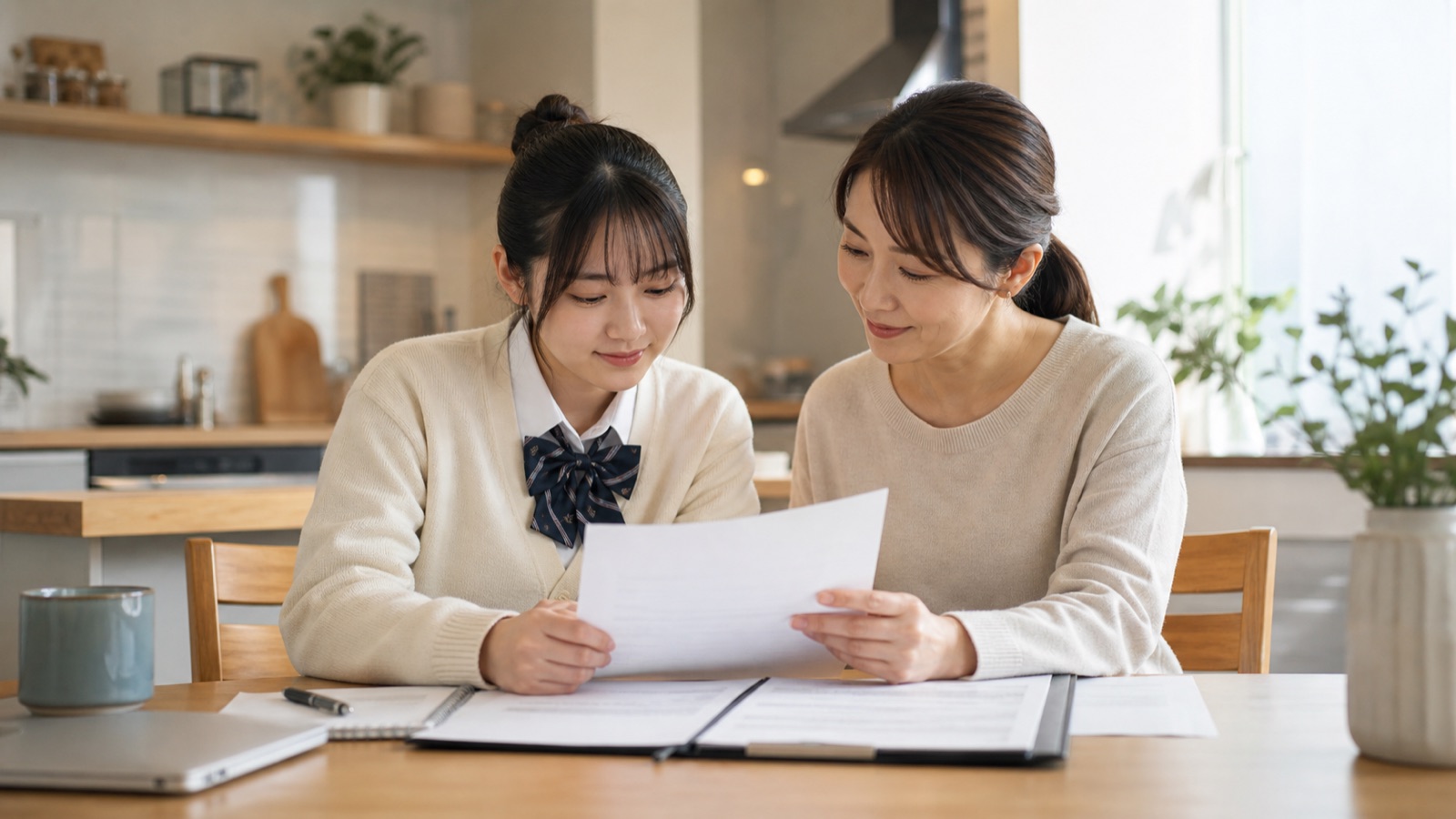 保護者とオーディション書類を確認する未成年応募者のイメージ